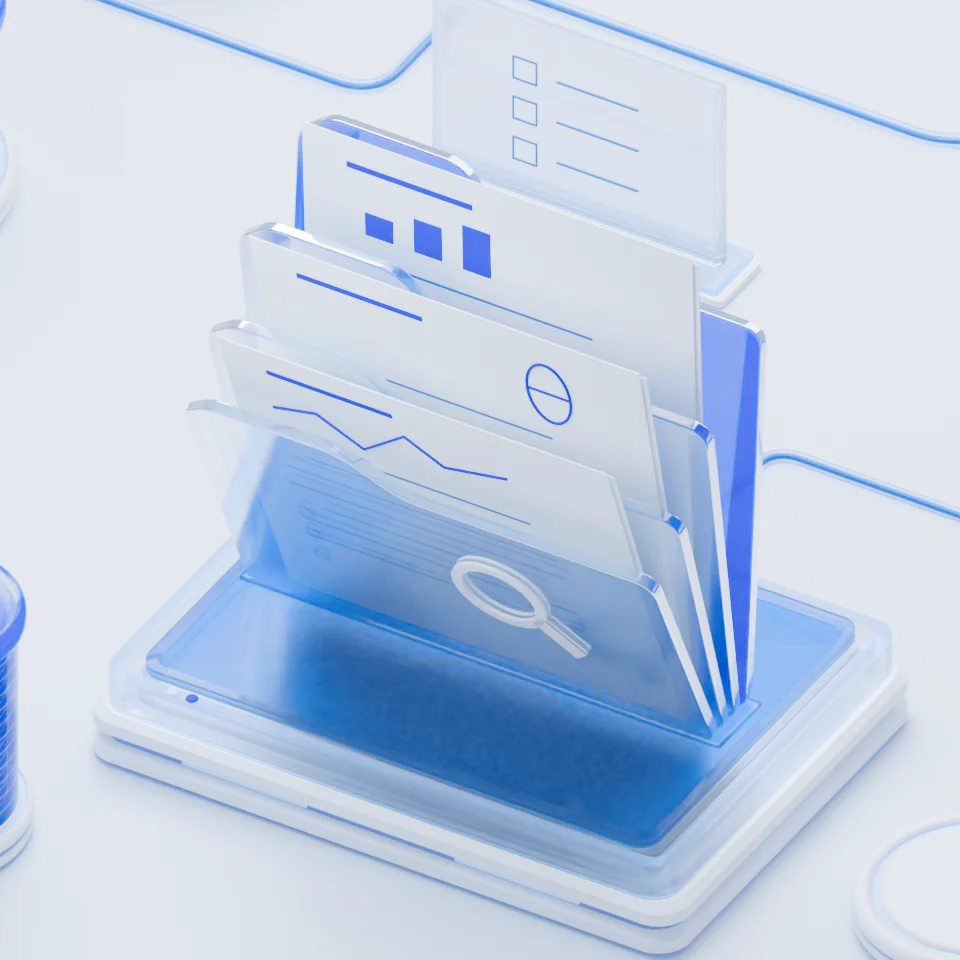 Pasta de vidro azul com documentos organizados em uma ilustração 3D.