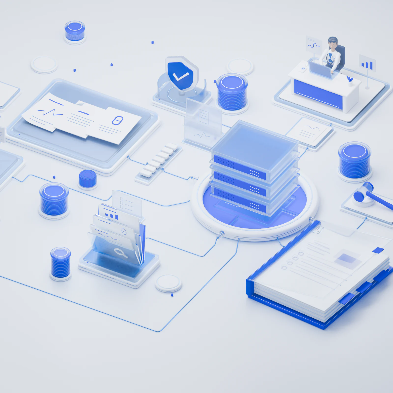 Ilustração 3D de documentos e profissionais conectados a uma estrutura de organização de informações.